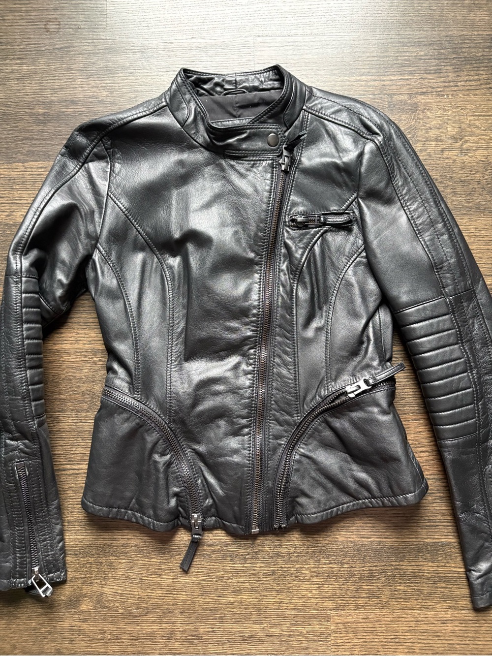 Zara Genuine Black Leather Asymmetric Zip Moto Jacket